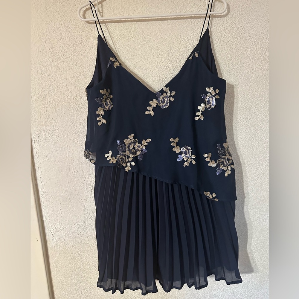 Tobi Dress Navy Spaghetti Straps Floral sequin asymmetric Overlay Mini NWT Sz L